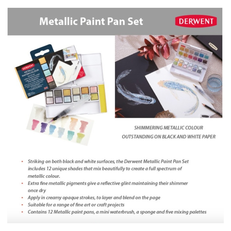 Create striking metallic strokes on both light and dark surfaces with the  Derwent Metallic Paint 12 Pan Set